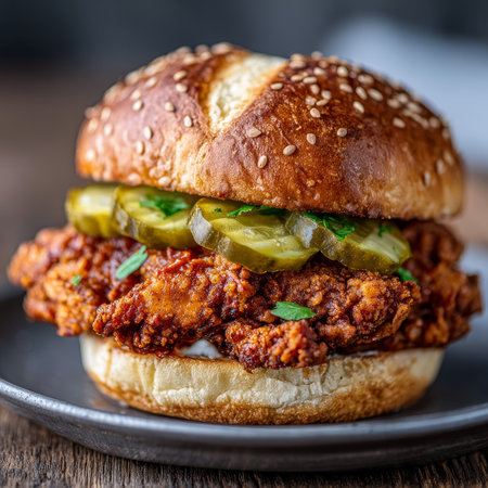 Crispy Spicy Chicken Sandwich with Tangy Pickles on a Soft Brioche Bun, Perfect for Any Mealの素材