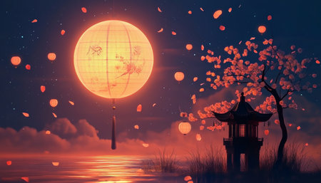 Illuminated Lanterns Floating on Dark Waters Surrounded by Autumn Blossoms for Mid Autumn Festivalの素材