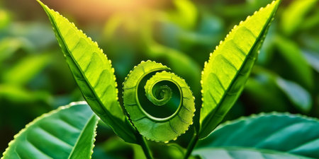 Elegant Close-Up of a Twisted Tea Leaf Spiral Surrounded by Lush Green Foliage in Nature s Beautyの素材