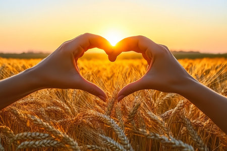 Warm Embrace in the Meadow at Sunset, Affectionate Hand Gesture of Love Amidst Golden Fieldsの素材