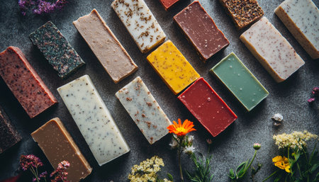 Artisan Handmade Soaps Displayed Beautifully with Fresh Wildflowers for Natural Bath Accessoriesの素材