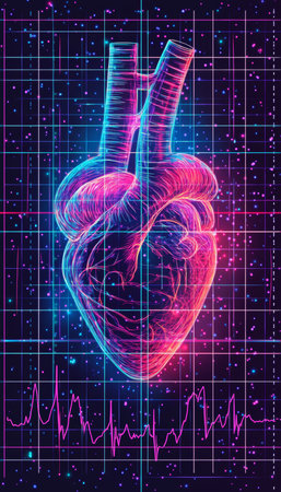Futuristic Digital Human Heart with ECG Track Visualization Design on a Grid, Cyberpunk Styleの素材