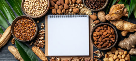 Healthy Food Mockup with Blank Notebook, Walnuts, and Assorted Nuts on Wooden Tabletopの素材