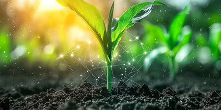Corn Seedling Growing in Soil with Digital Network, Representing Modern Precision Agricultureの素材