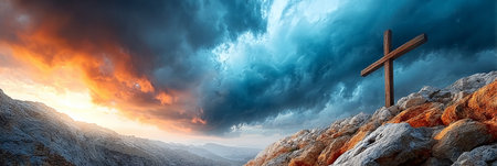 Rocky Summit Cross Symbolizing Salvation and Resurrection A Beacon of Hope for Humanity s Journeyの素材