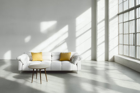 Modern studio interior featuring a stylish sofa with accent pillows and bright window lightingの素材