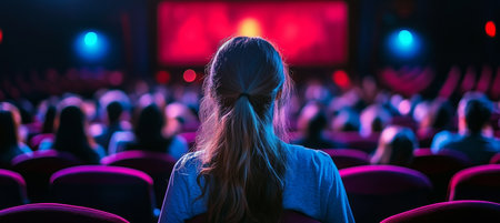 Audience member enjoying a captivating movie theater presentation, watching an engaging performance.の素材