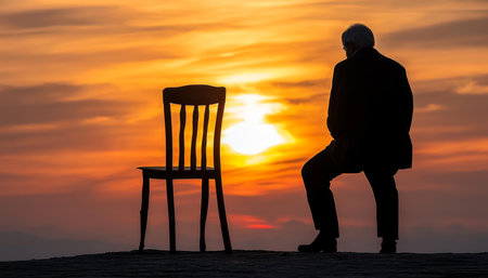 Contemplative elderly man gazing at an empty chair during a golden sunrise, reflecting on life.の素材