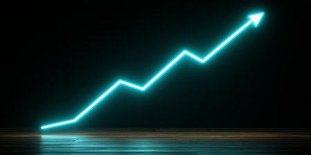 Modern Teal Illuminated Chart Demonstrating Progress with Futuristic Trend on Shiny Wooden Surfaceの素材