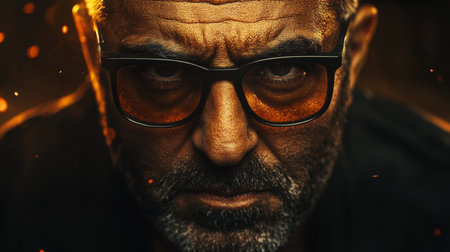 Focused Craftsman with Intense Gaze Surrounded by Sparks in an Industrial Workshop Settingの素材