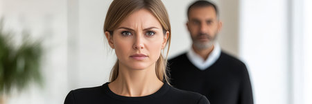 Anxious Businesswoman in Modern Office, Colleague Invading Personal Space, Workplace Tension Growsの素材