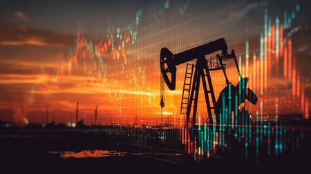 A Beautiful Sunset Over Oil Field Pumping Units with Financial Data and Stock Market Trend Analysisの素材
