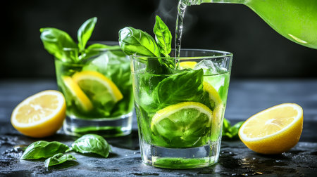 Refreshing Homemade Basil Lemonade Being Poured into a Glass with Ice in a Vibrant Green Gardenの素材