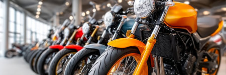 Diverse Collection of Motorcycles on Display in a Vibrant Showroom with Enthusiasts and Bikesの素材