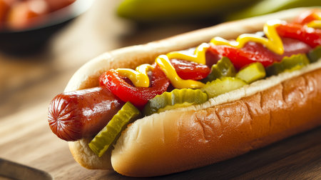 Mouthwatering Hot Dog in a Bun with Pickles, Tomatoes, and Mustard for a Perfect Summer Snackの素材