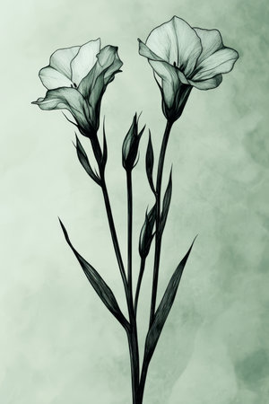 Delicate Botanical Illustration Featuring Meadow Flowers in Soft Green Watercolor and Line Artの素材