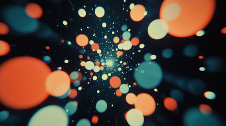 Vibrant Abstract Bokeh Burst Featuring Teal, Blue, and Orange Circles on a Dark Backgroundの素材