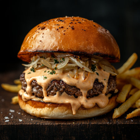Gourmet Hamburger with Fresh Ingredients and Crispy Fries on Rustic Board, Delicious Close-Up Shotの素材