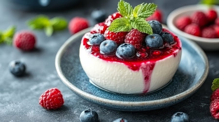 Delicious panna cotta dessert elegantly presented with fresh berries and a drizzle of berry sauce.の素材