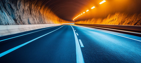 Futuristic Tunnel Vision Neon Lights Illuminating a High-Speed Highway with Blue and Orange Huesの素材