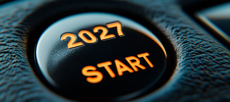 Illuminated Start Engine Control on Dark Surface, Symbolizing the Beginning of Ambitions in 2027の素材