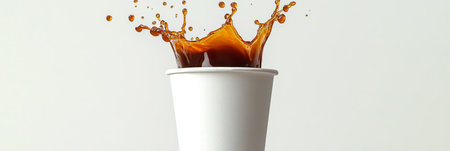 Crown splash dark coffee in disposable paper cup isolated on clear background, energizing beverageの素材