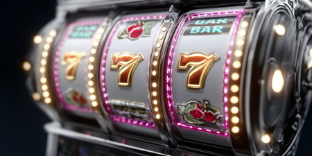 Vibrant Casino Night with Colorful Slot Machines and Excited Gamblers Celebrating Big Wins in Vegasの素材