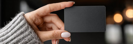 A close-up of a hand with neutral nails holding a black card while wearing a cozy gray sweater.の素材