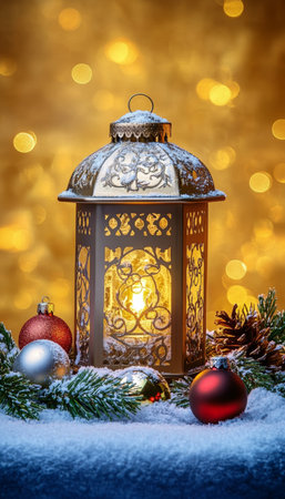 Elegant Christmas Lantern on Snowy Table Surrounded by Shimmering Ornaments and Cheerful Decorの素材