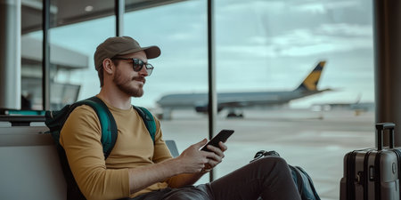 Young traveler using smartphone while seated with baggage in busy airport terminal during travel.の素材