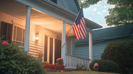 A Proud American Flag Waves Gently on the Porch of a Beautifully Decorated Family Homeの素材