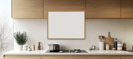 Stylish and Modern Kitchen Interior with Wooden Cabinets, Appliances, and Cooking Zone for Decorの素材