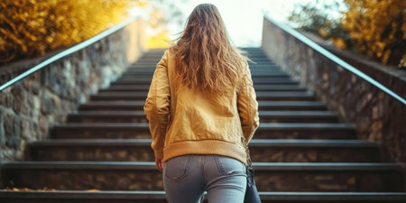 Determined Female Climbing Urban Steps, Symbolizing Personal Growth and Success in Healthy Livingの素材