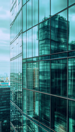 Modern Urban Landscape with Sleek Glazed High-Rise Office Towers and Reflective Architectural Designの素材
