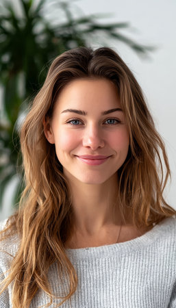 Young Thoughtful Attractive Woman Indoors with Positive Emotions and Dreamy Gaze in Relaxed Momentの素材