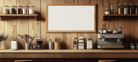 Charming rustic kitchen interior with wooden design, blank framed poster, and organized kitchenwareの素材
