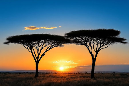 Breathtaking sunset over the African savanna with silhouetted acacia trees and vibrant colorsの素材