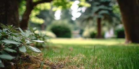 Lawn Serenity Embrace Nature s Tranquil Outdoors with Lush Greenery for Peaceful Wellbeing.の素材