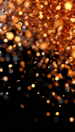 Golden Blurred Sparkles Creating a Festive Atmosphere with Glitter Effects Over Black Backgroundの素材