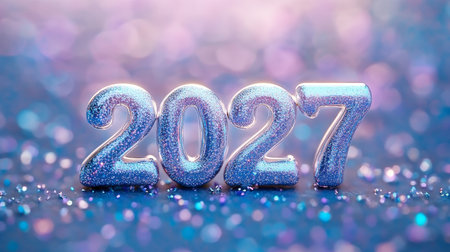 Futuristic Metallic Number Celebrating the New Year with Defocused Pastel Sparks and Anticipationの素材