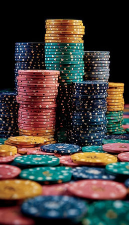 Close-up of Vibrant Casino Poker Chips Stacked Neatly, Ready for a Game Full of Excitement and Luckの素材