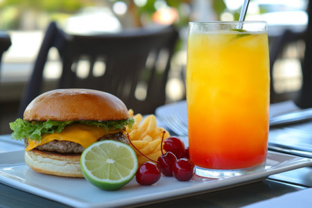 Summer Lunch Delight Gourmet Burger with Tropical Sunrise Cocktail, Fries, and Fresh Lime Garnishの素材