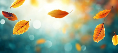 Vibrant Autumn Leaves Falling Gently in Golden Afternoon Light, Capturing the Essence of Fall Beautyの素材