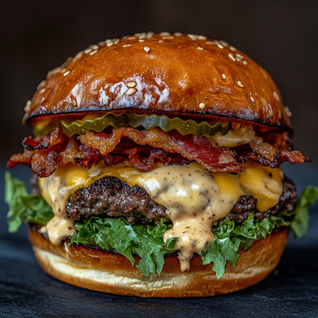Delicious Gourmet Double Cheeseburger with Crispy Bacon, Fresh Lettuce, and Secret Sauce on Bunの素材