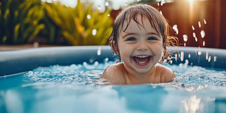 Joyful Child Playing in a Colorful Kiddie Pool, Splashing Water and Embracing Summer Fun Outdoorsの素材