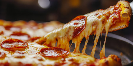 Delicious Pepperoni Pizza Slice Being Lifted with Melted Cheese Dripping, Perfect for Any Mealの素材