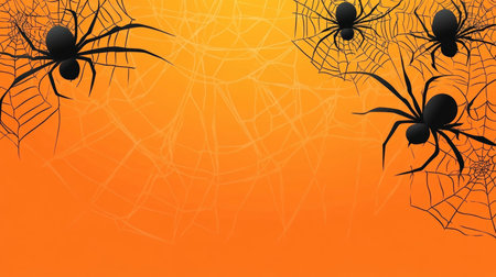 Halloween Spider and Spider Webs Background with Orange Gradient for Eerie Seasonal Display Designsの素材