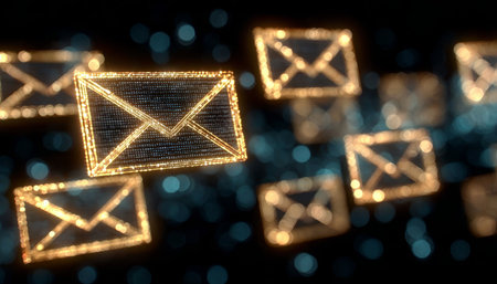 Glowing Digital Mail Envelopes Floating in Dark Cyberspace Representing Modern Email Communicationの素材