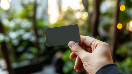 Sleek Empty Greeting Invitation Displayed Outdoors Amidst Vibrant Flora and Beautiful Bokeh Effectsの素材