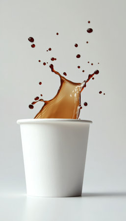 Dynamic Beverage Splash Captured In High Definition, Coffee Splatters Elegantly From Cup On Surfaceの素材